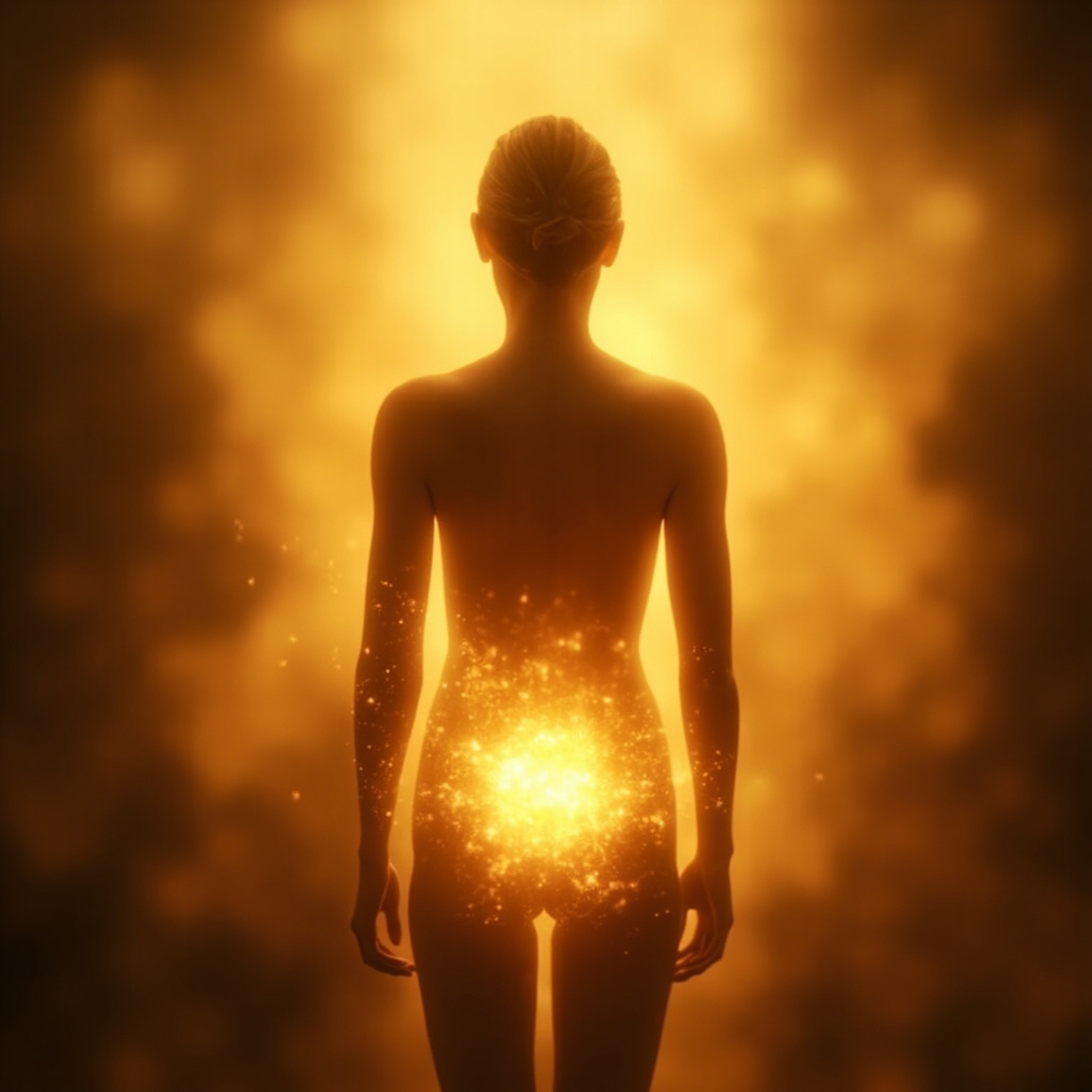 A soft, artistic visualization of a glowing, warm golden light centered in the lower back/kidney area, radiating calm and stable energy throughout the body.
