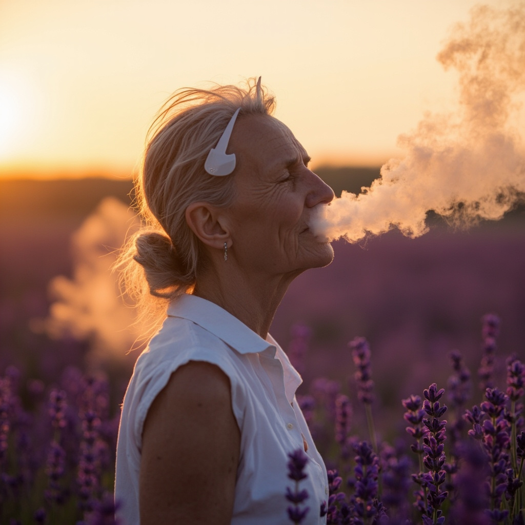 Serene middle-aged person wearing a subtle mask clip inhaling lavender mist, surrounded by soft purple lavender flowers under a calm sunset sky, evoking relaxation and health.