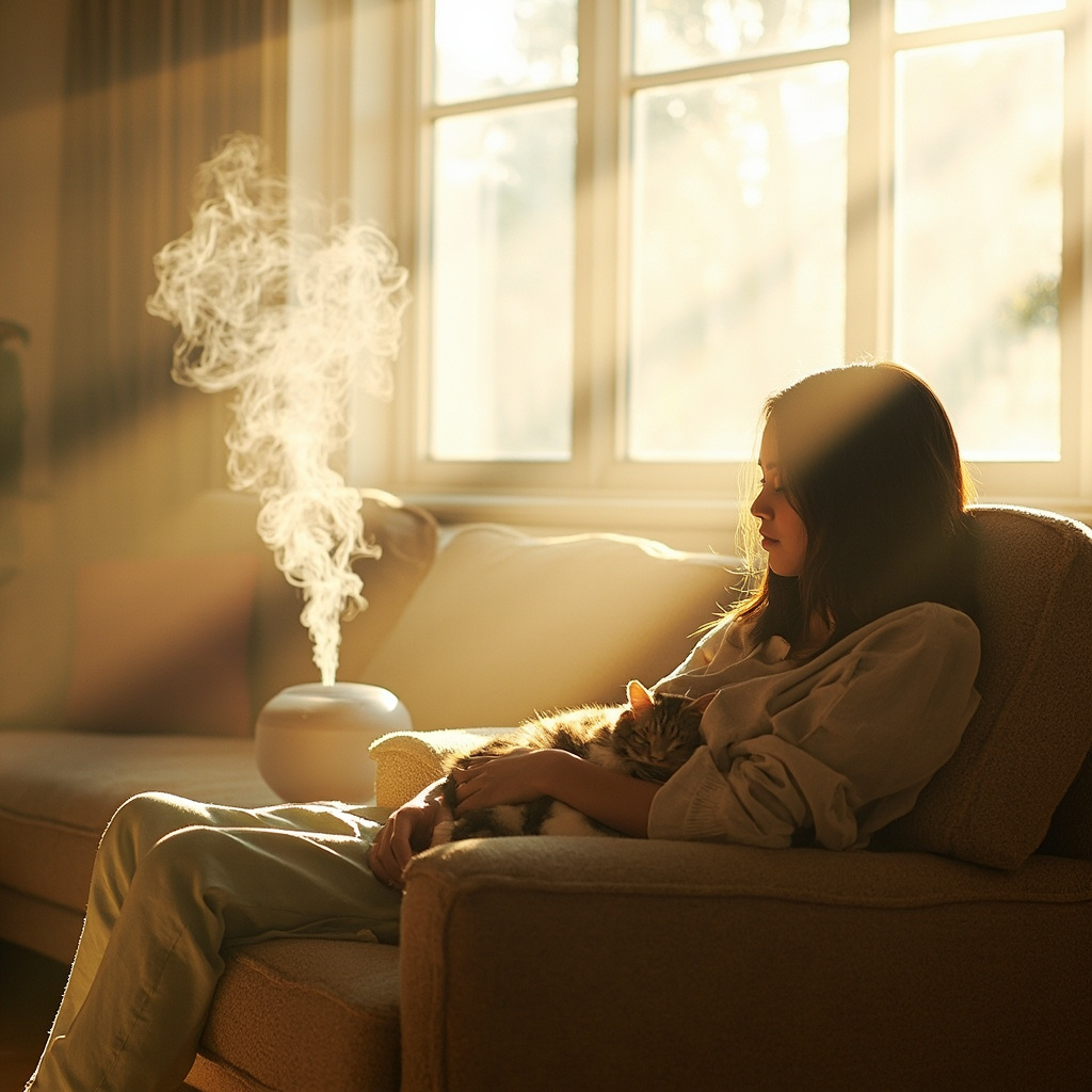 A serene, bright living room with a person sitting on a sofa next to a sleeping cat, with a gentle mist of a diffuser nearby, soft natural lighting, calming atmosphere.