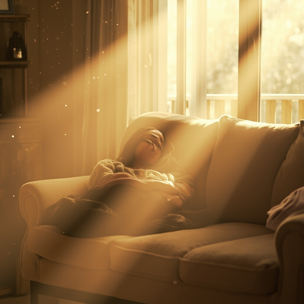 A serene, bright living room scene with a person sitting comfortably on a sofa next to a pet, with soft, golden light filtering through, symbolizing harmony and breathability.