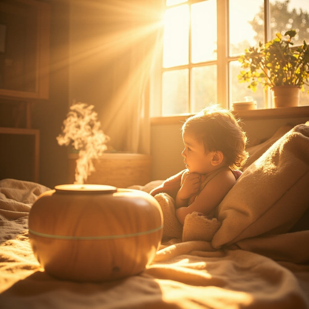 A gentle, warm-toned image of a young child sitting comfortably in a cozy, sunlit room with a soft, natural wooden diffuser nearby emitting a faint, peaceful mist.