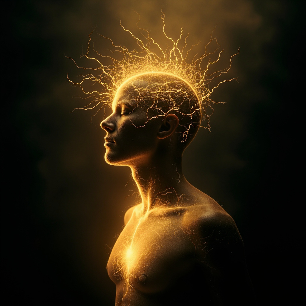 A serene, conceptual image of a human silhouette where the head is filled with a chaotic tangle of golden electrical lines that gradually smooth out into a single, calm, glowing horizontal wave of light moving toward the heart.