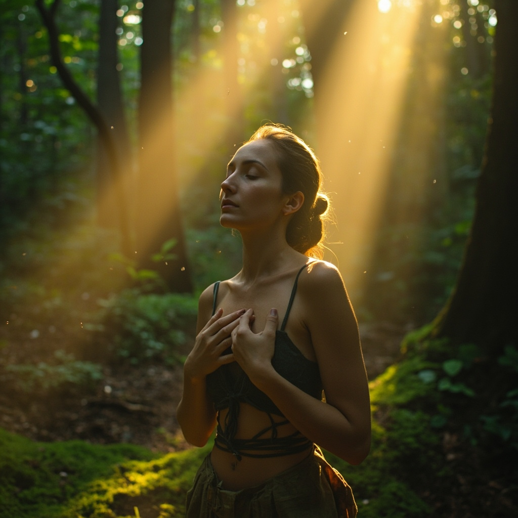 A serene image of a person standing in a sunlit forest, taking a deep, conscious breath with their hands gently placed on their rib cage.