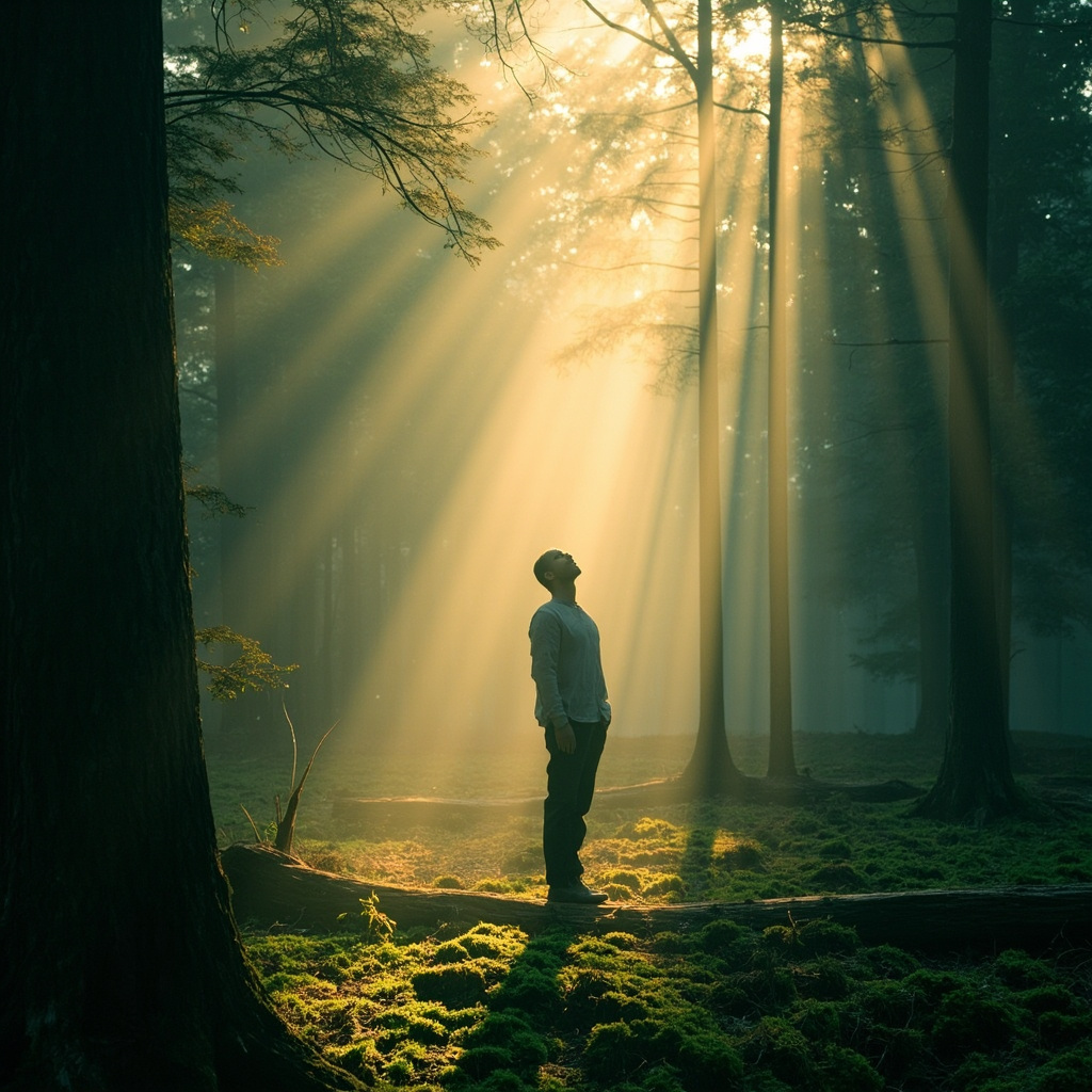 A serene, artistic photograph of a person practicing deep breathing in a forest clearing, with soft morning light filtering through the trees, emphasizing the connection between nature and the respiratory system.