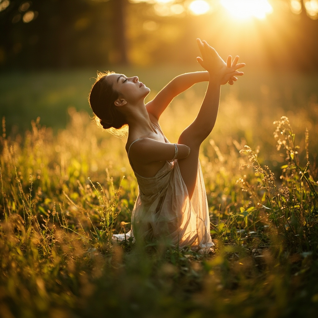 A high-quality, serene image of a person stretching gracefully in a sunlit, natural environment, emphasizing movement, flexibility, and a sense of calm.
