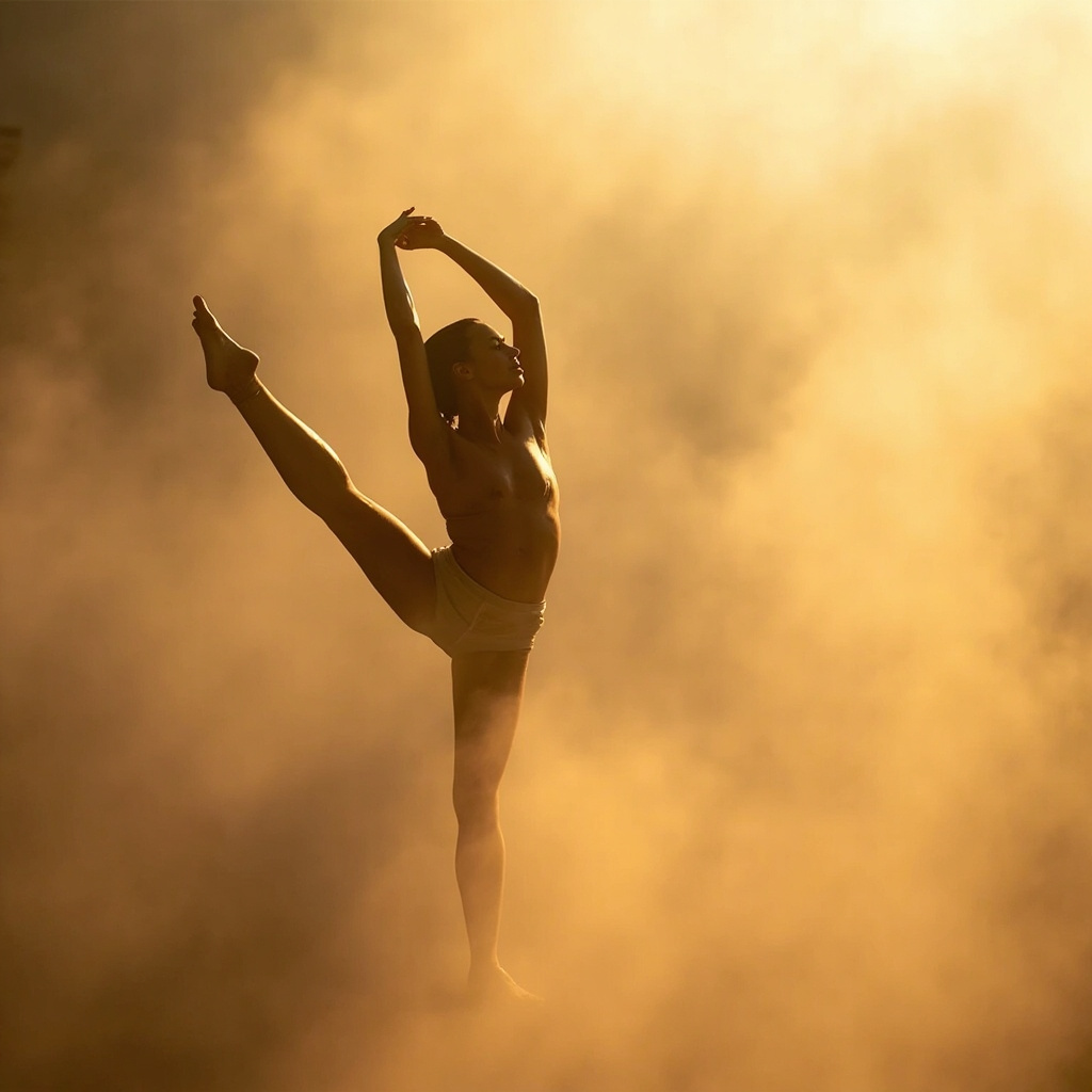 A high-quality, soft-focus photograph of a person gracefully stretching in a sunlit, peaceful environment, emphasizing mobility and calm.