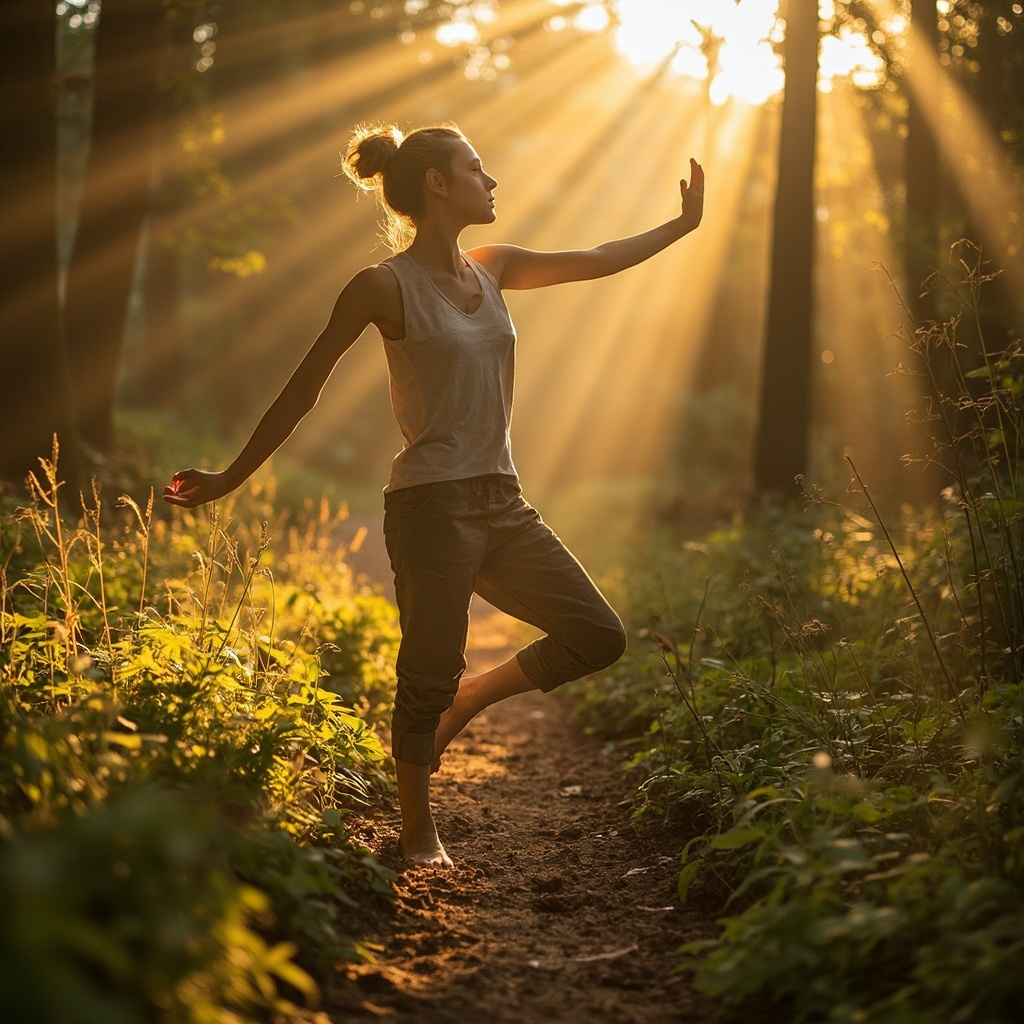 A high-quality, serene photograph of a person practicing mindful movement in a sunlit, natural environment, focusing on the connection between the body and the earth.
