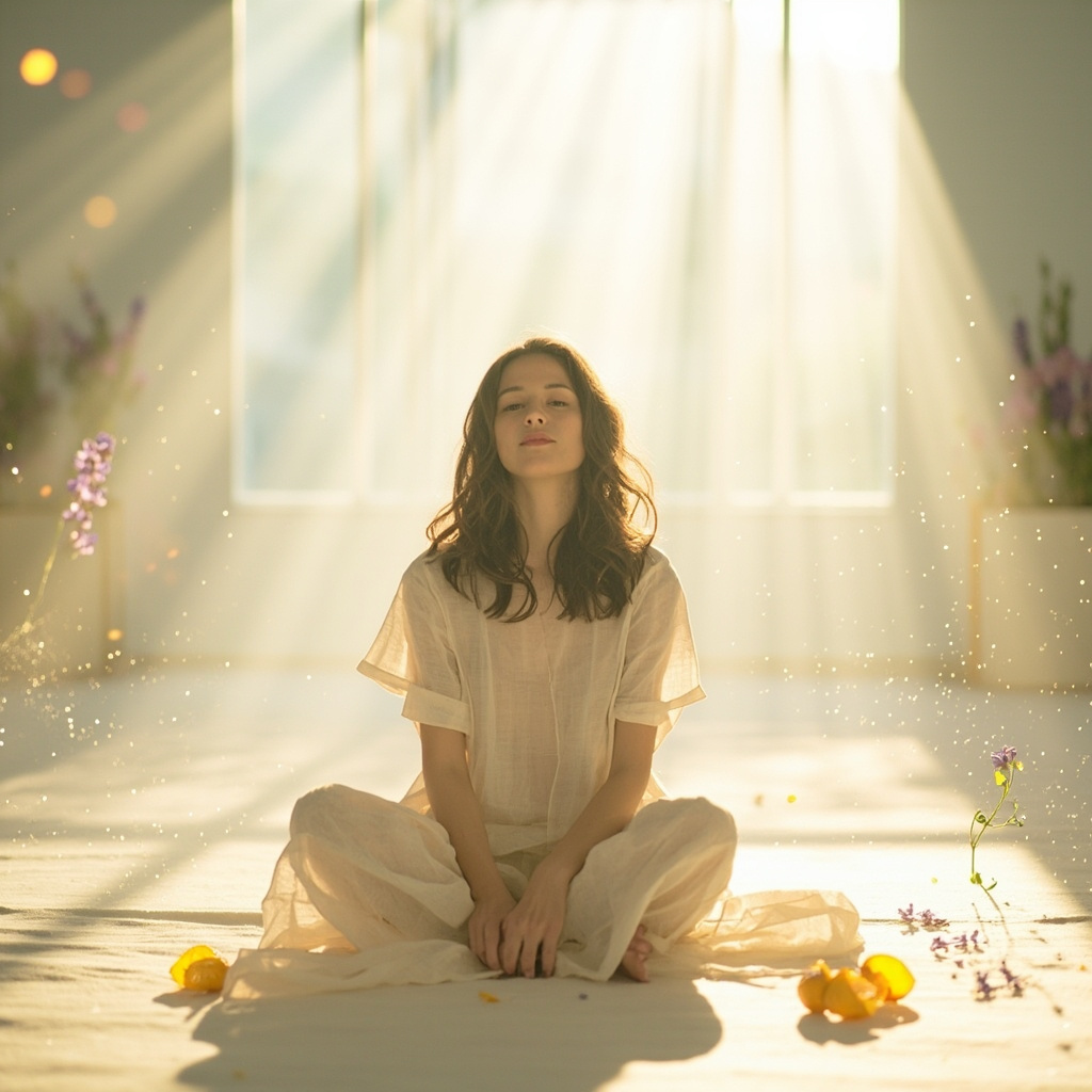 A calming, ethereal image of a person sitting in a sunlit, clean, and minimalist room, surrounded by gentle, soft-focus botanical elements like lavender sprigs and citrus peels, representing purity and environmental safety.