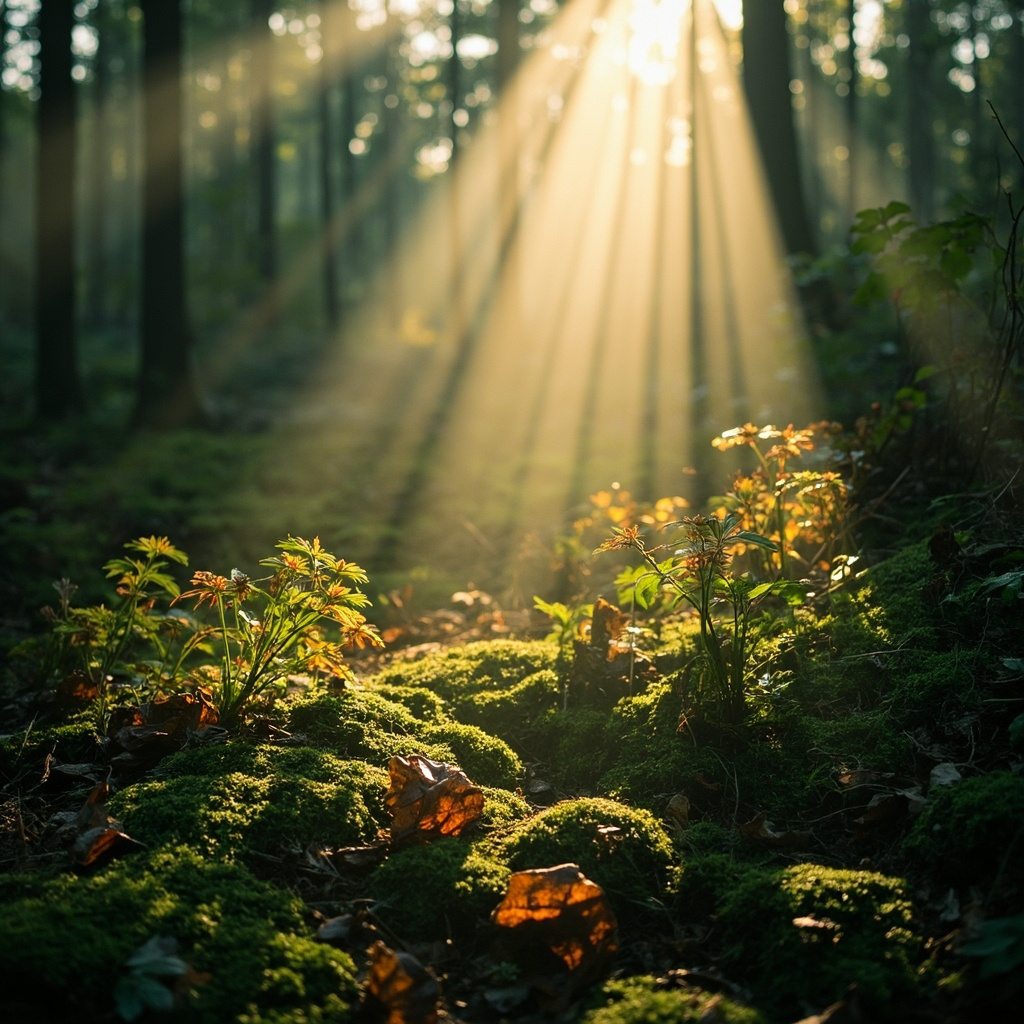 A calming, ethereal image of a forest floor with soft morning light filtering through trees, symbolizing clarity, restoration, and the gentle release of environmental stress.