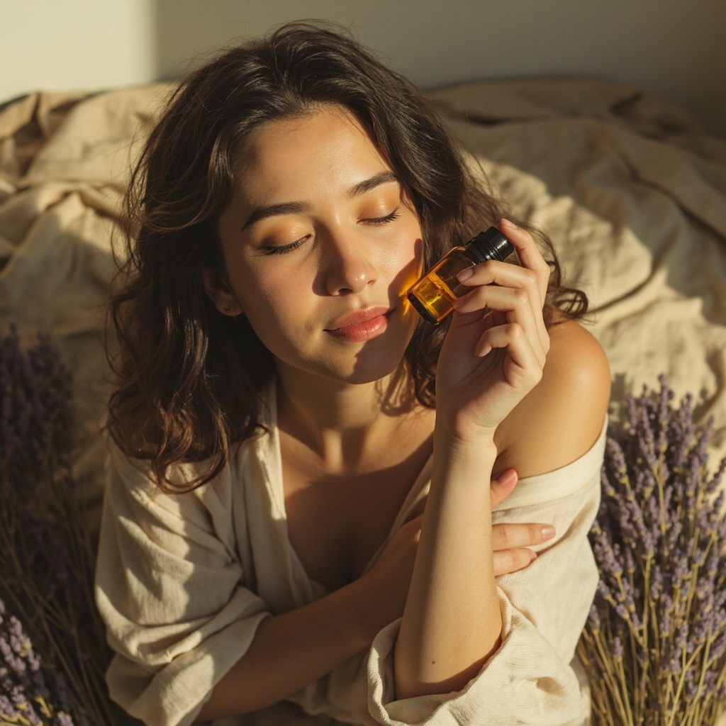 A serene, soft-focus image of a person sitting in a quiet, sunlit room, holding a small glass bottle of essential oil with a gentle, peaceful expression, surrounded by natural elements like dried lavender and soft fabrics.