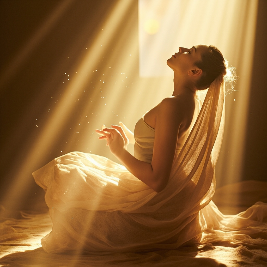 A serene, artistic close-up of a person practicing gentle, flowing movement in a sunlit space, surrounded by soft, natural textures that symbolize flexibility and strength.