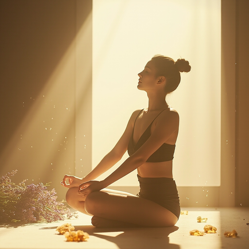 A serene, minimalist image of a person sitting in a quiet, sunlit room, surrounded by soft, diffused botanical elements like lavender sprigs and frankincense resin, representing the balance between biological signals and nature.