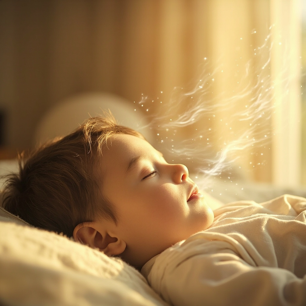 A soft, calming image of a young child breathing easily in a sunlit, peaceful room, with subtle, ethereal light patterns illustrating harmony.