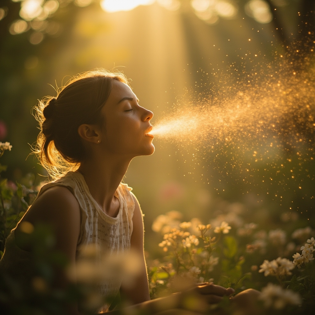 A calming, ethereal image of a person sitting in a peaceful garden, taking a deep breath, with soft golden light illustrating the expansion of the lungs and the flow of air.
