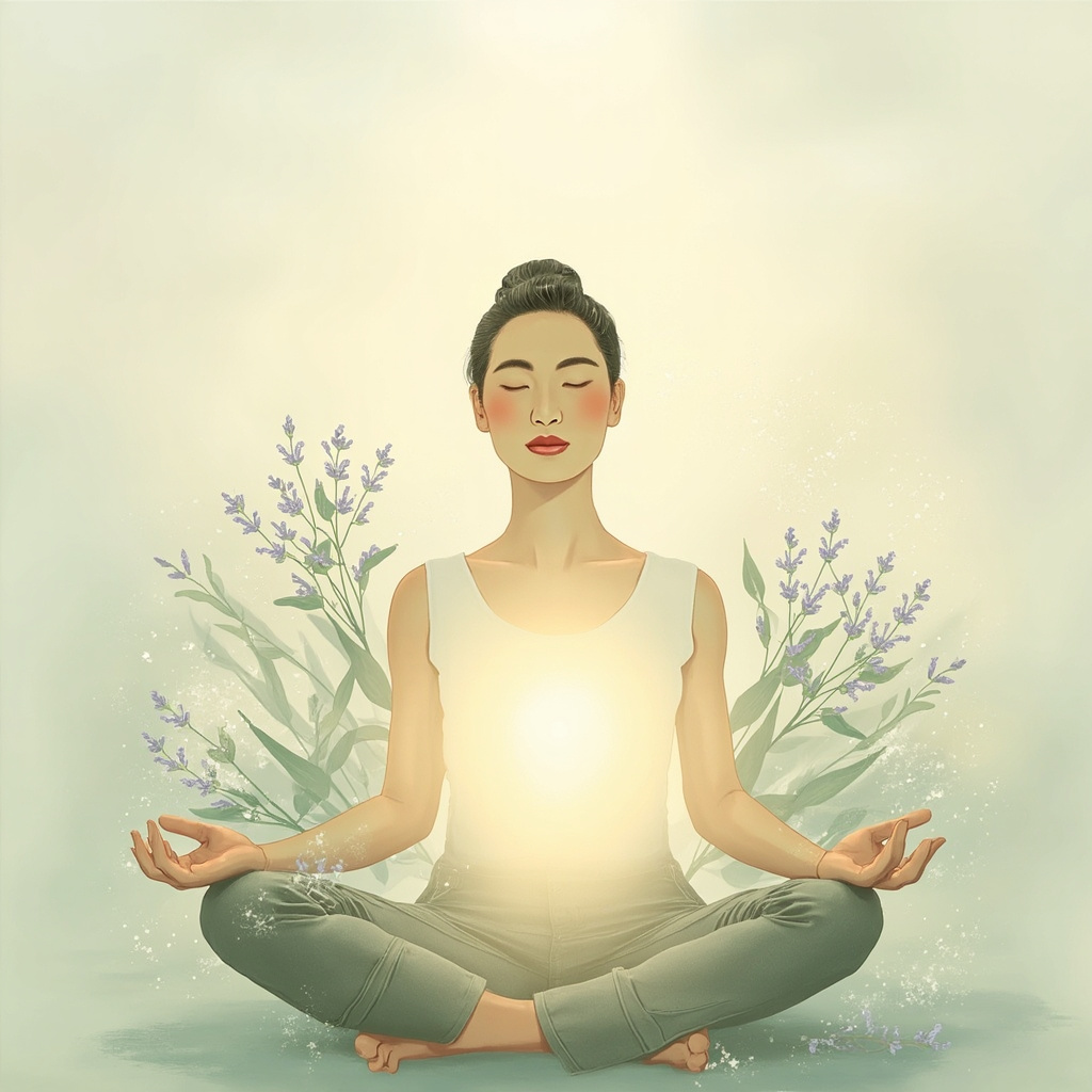 A serene, artistic illustration showing a person in a peaceful meditation posture with a soft, glowing light radiating from the chest area, surrounded by subtle botanical elements like eucalyptus leaves and lavender sprigs, conveying a sense of breath and openness.