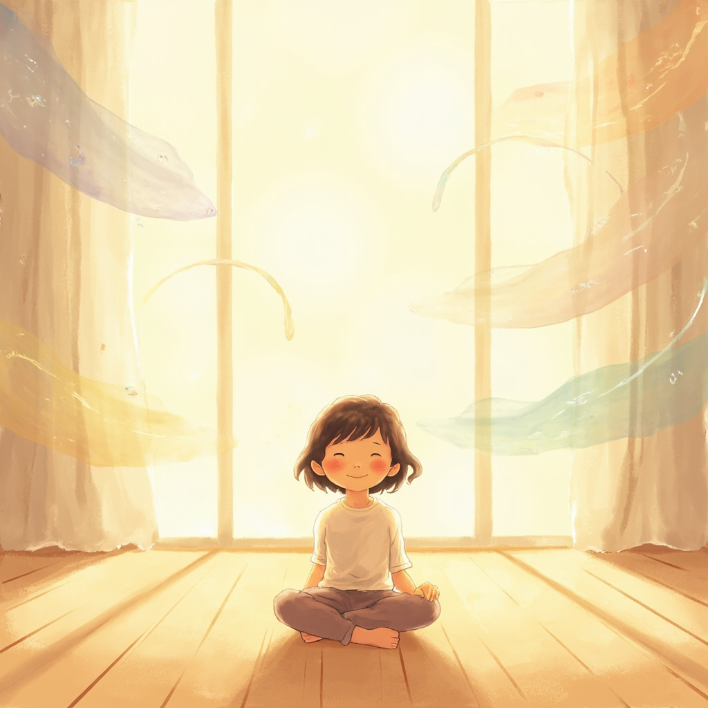 A gentle, calming illustration of a child sitting peacefully in a sunlit room, surrounded by soft, flowing abstract light patterns that represent harmonious breathing and inner balance.