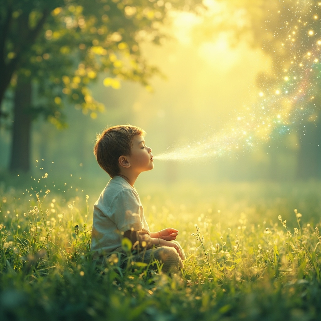 A gentle, calming illustration of a child breathing deeply in a peaceful, natural environment, with soft, glowing light patterns representing harmony and balance.