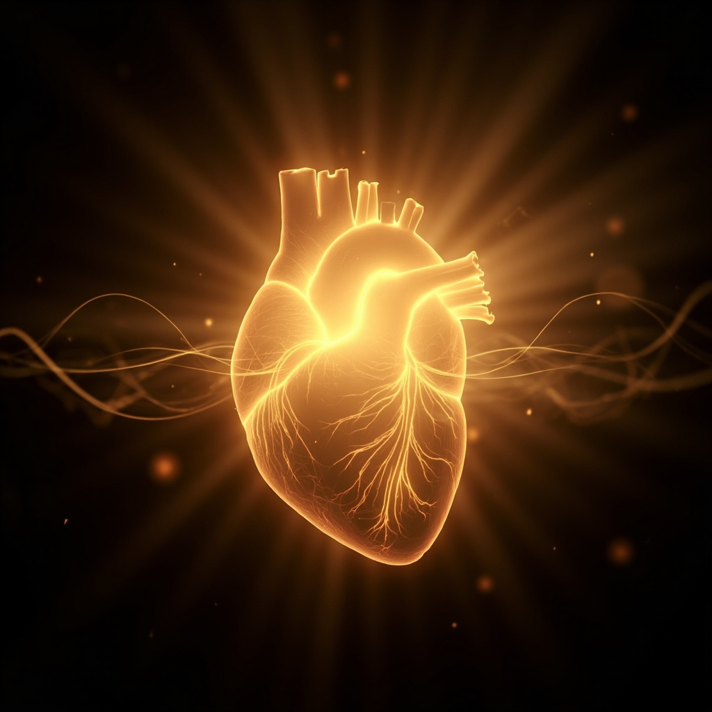 A soft-focus, artistic illustration of a human heart glowing with warm, golden light, surrounded by gentle, rhythmic wave patterns representing energy frequencies.