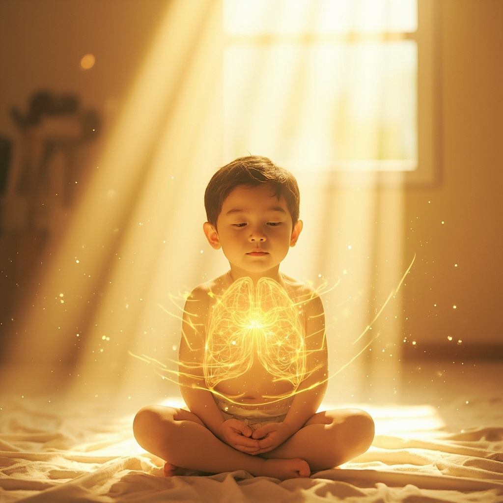 A soft, artistic illustration of a peaceful child sitting in a sunlit room, with subtle, glowing golden light patterns representing harmonious energy flow around their chest and lungs.