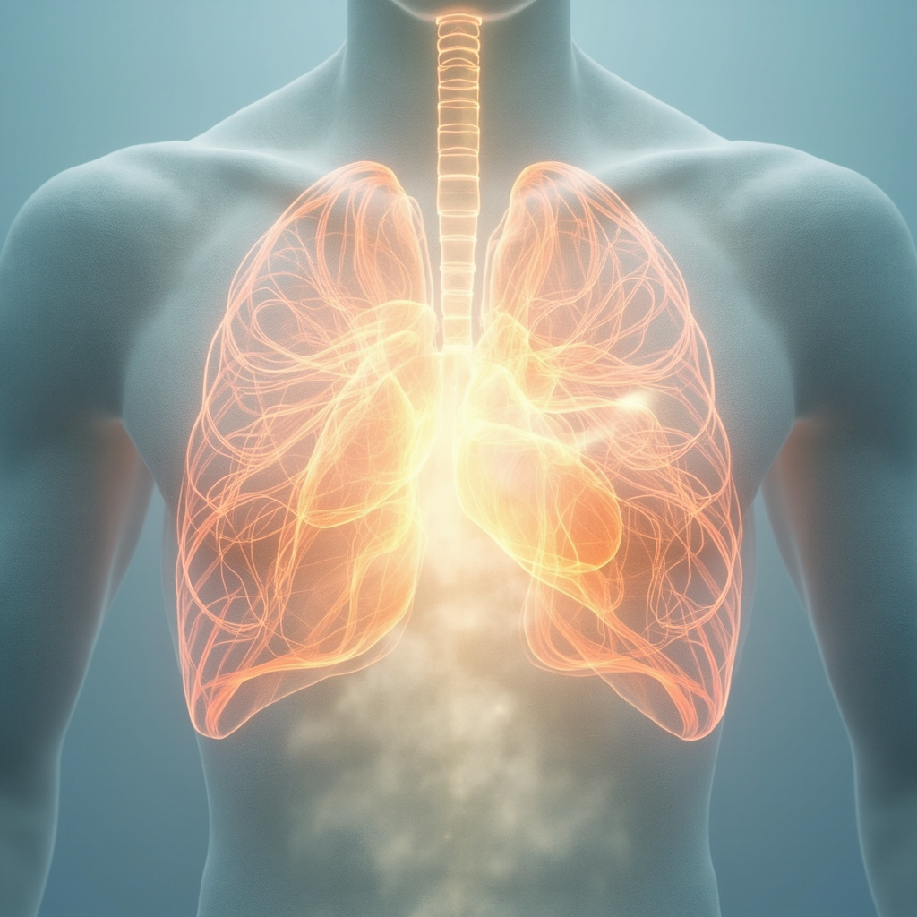 A serene, artistic illustration of the human chest area with a soft, glowing light in the center, representing the mediastinum and the harmony between the heart and lungs, soft colors, ethereal atmosphere.