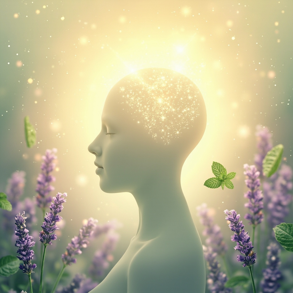 A serene, abstract digital illustration showing a human silhouette with a glowing, harmonious light pattern emanating from the head area, set against a soft, calming background of botanical elements like lavender sprigs and peppermint leaves.