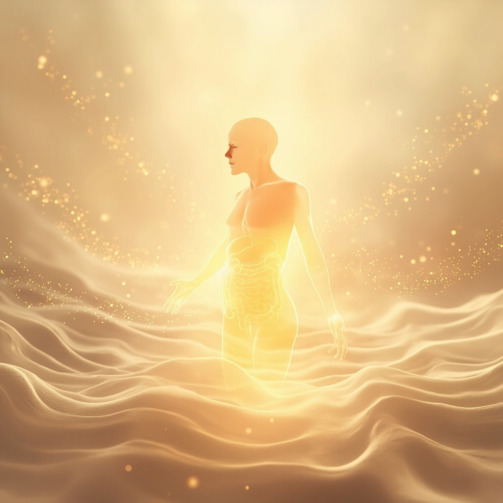 A calming, ethereal illustration showing a glowing, healthy digestive tract silhouette surrounded by soft, harmonious light waves and gentle, golden energy patterns.