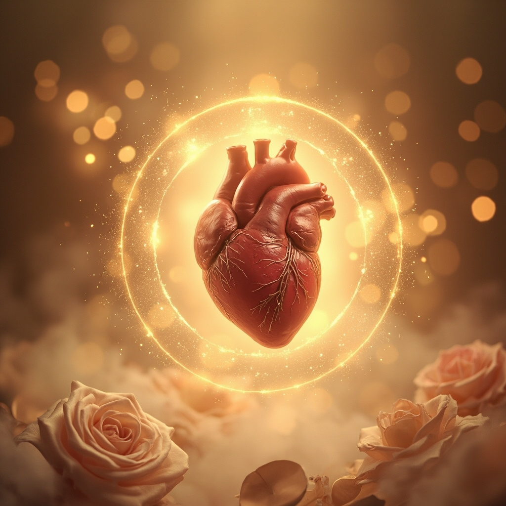 A soft, artistic illustration of a glowing, protective light surrounding a human heart, symbolizing safety and emotional resilience, with ethereal floral hints of rose and sandalwood in the background.