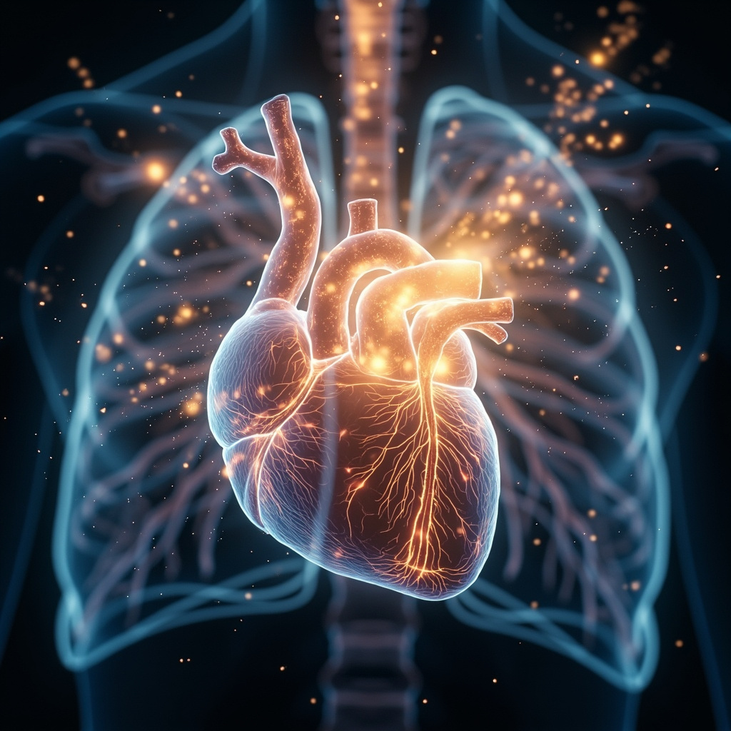 A soft, artistic illustration of a human heart with glowing, ethereal light pathways flowing from the lungs, symbolizing the connection between breath, blood flow, and emotional release in a calming, blue and rose-gold color palette.