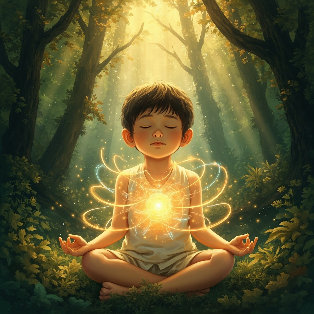 A gentle, artistic illustration of a child breathing peacefully in a forest with soft, glowing light patterns around their chest and neck area, symbolizing energy flow and harmony.