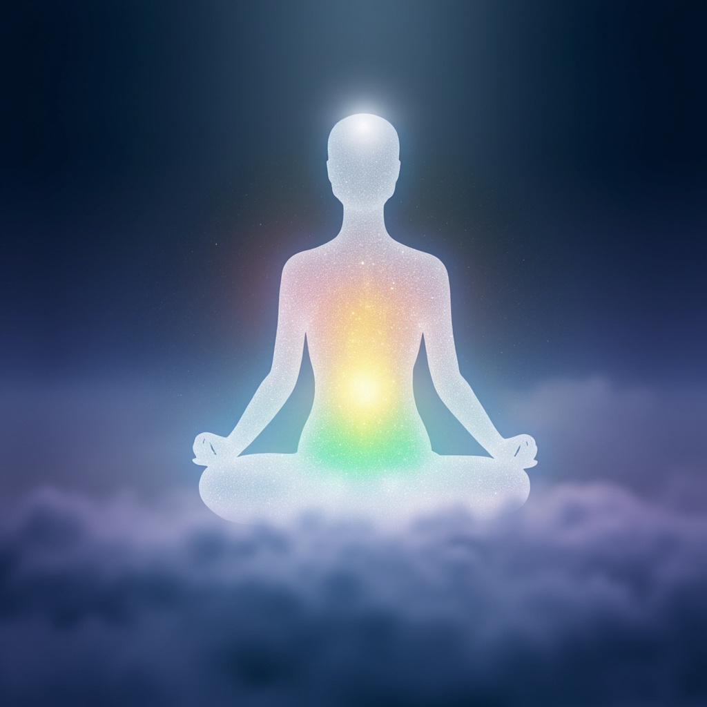 A calming, ethereal illustration showing a glowing, balanced human silhouette with soft, radiant light emanating from the liver area, symbolizing energy restoration and harmony.