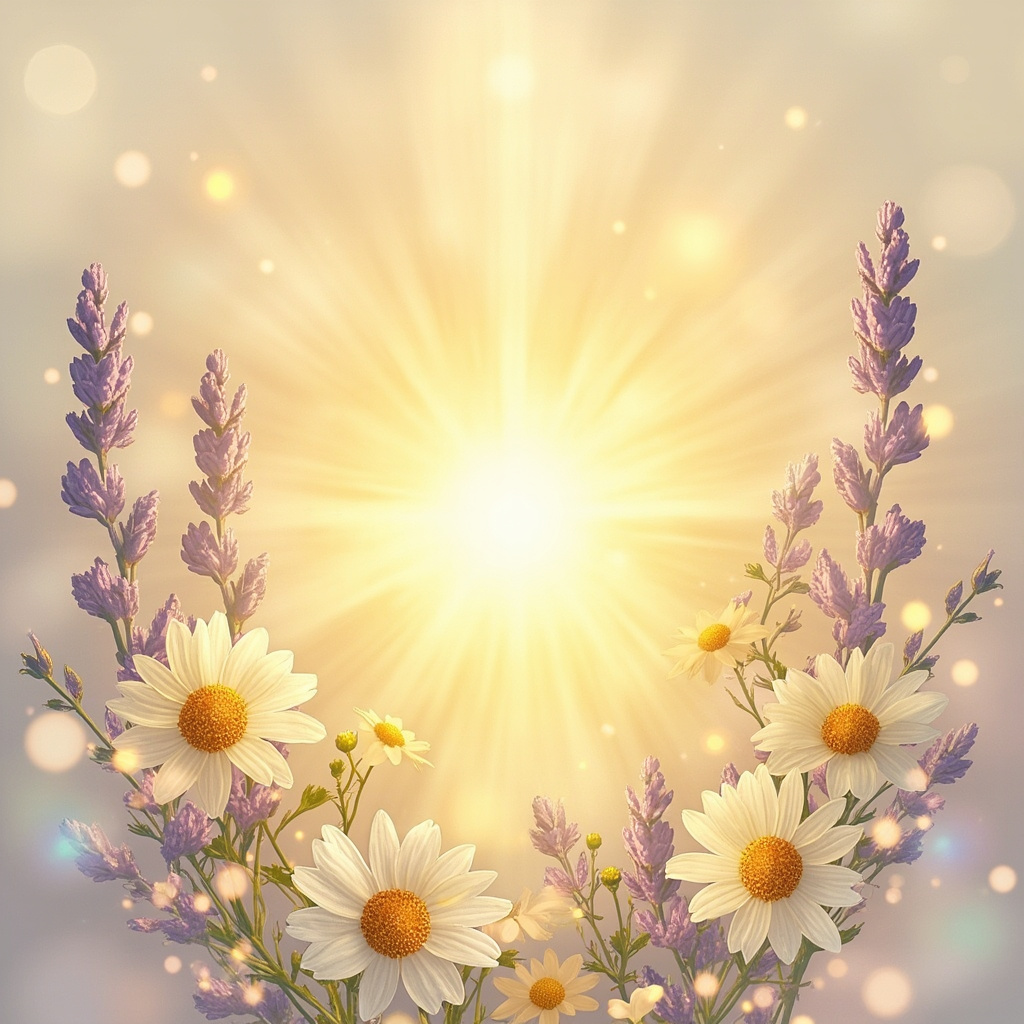 A soft, artistic illustration of a glowing, radiant energy center in the chest area, surrounded by soft floral elements like lavender and chamomile, symbolizing peace, warmth, and nurturing protection.