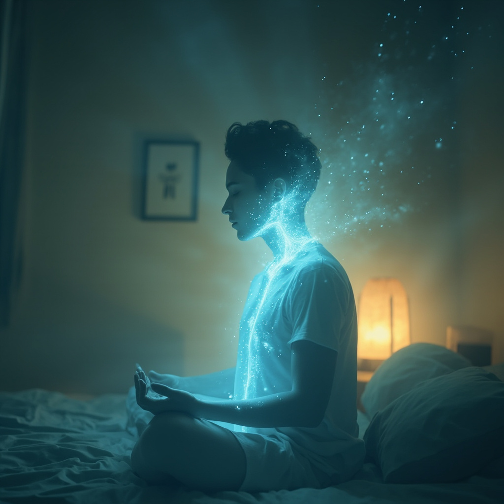 A serene, abstract illustration of a calm, glowing human silhouette in a peaceful bedroom, with soft light radiating from the neck and throat area, symbolizing energy flow and tranquility.