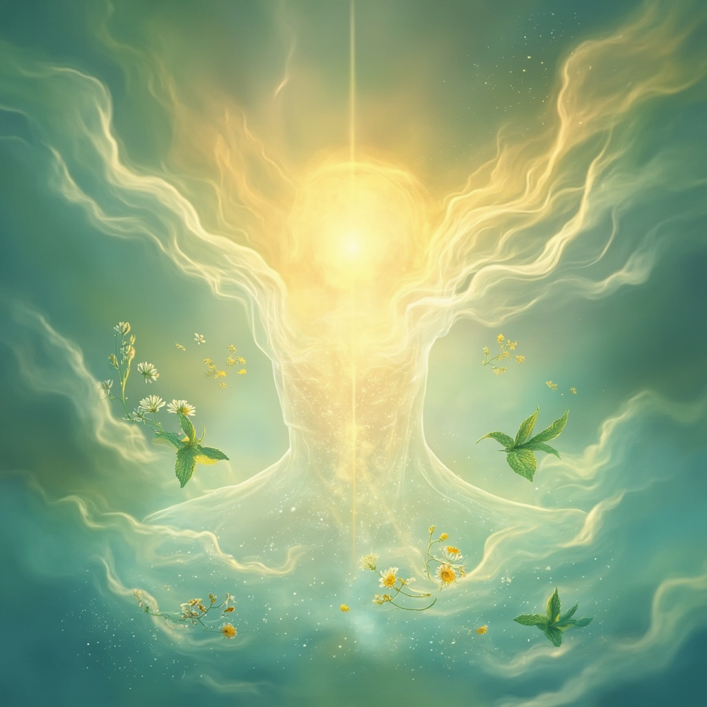 A calming, artistic illustration of a glowing, translucent throat area surrounded by soft, flowing light waves and gentle herbal elements to symbolize soothing energy.