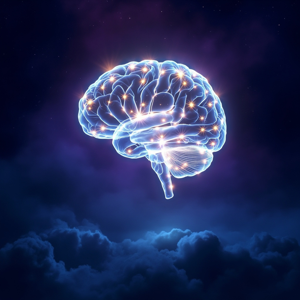 A high-quality, serene illustration of a glowing, translucent human brain silhouette with soft, harmonious light patterns pulsing through it, symbolizing electrical balance and mental clarity, set against a calming deep blue and violet background.