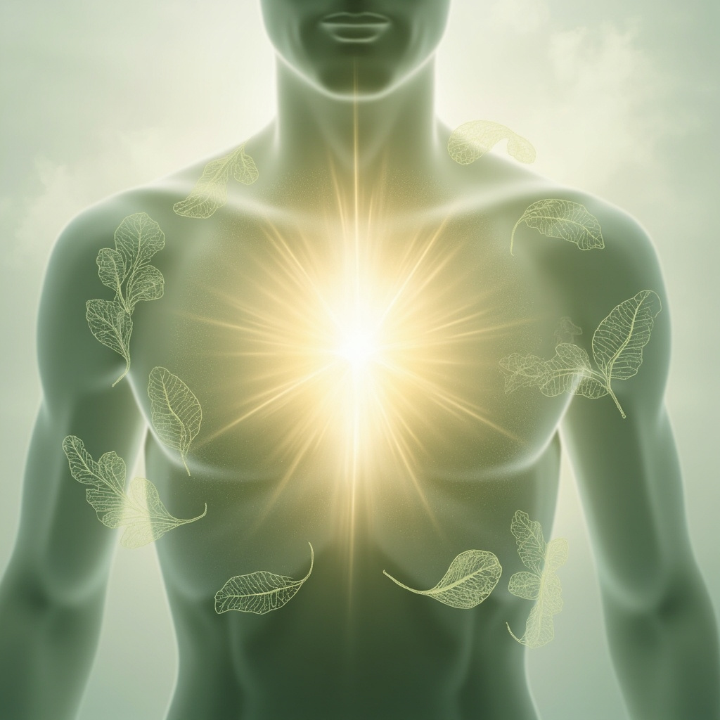 A calming, ethereal image of a soft, glowing light within a human chest area, surrounded by faint, elegant botanical illustrations of eucalyptus and ravintsara leaves, symbolizing respiratory health and light.