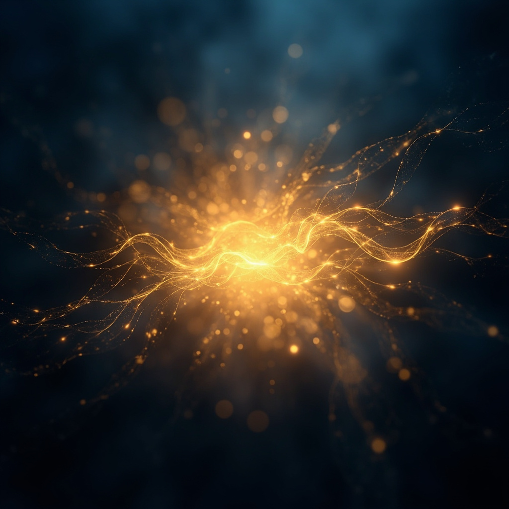 A serene, abstract visualization of glowing, interconnected golden energy pathways forming a healthy, balanced structure, set against a soft, calming dark blue background.
