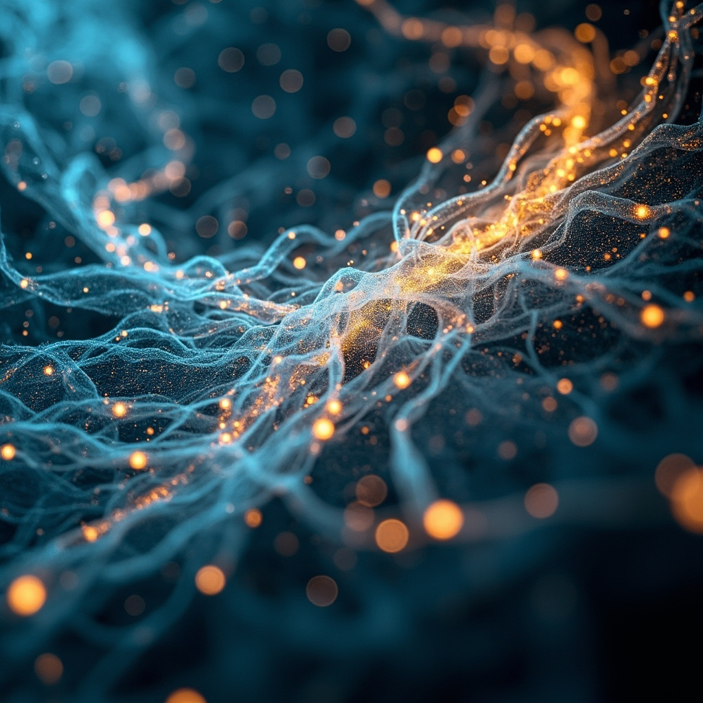 A high-quality, abstract visualization of glowing, interconnected biological tissue structures, featuring soft blue and gold light frequencies, calm and professional, medical science art style.