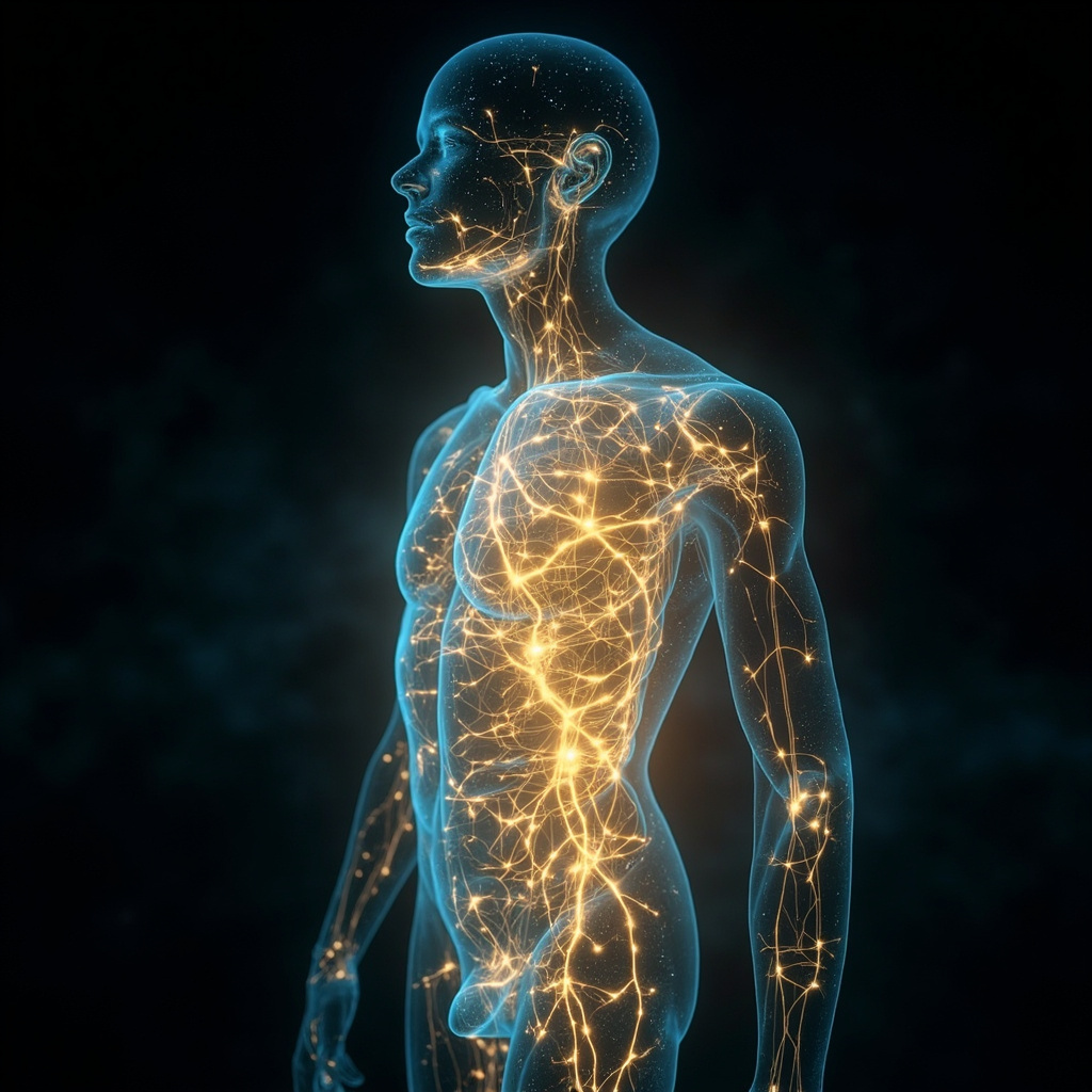 A serene, abstract visualization of glowing, interconnected golden light patterns representing internal biological harmony and balance.