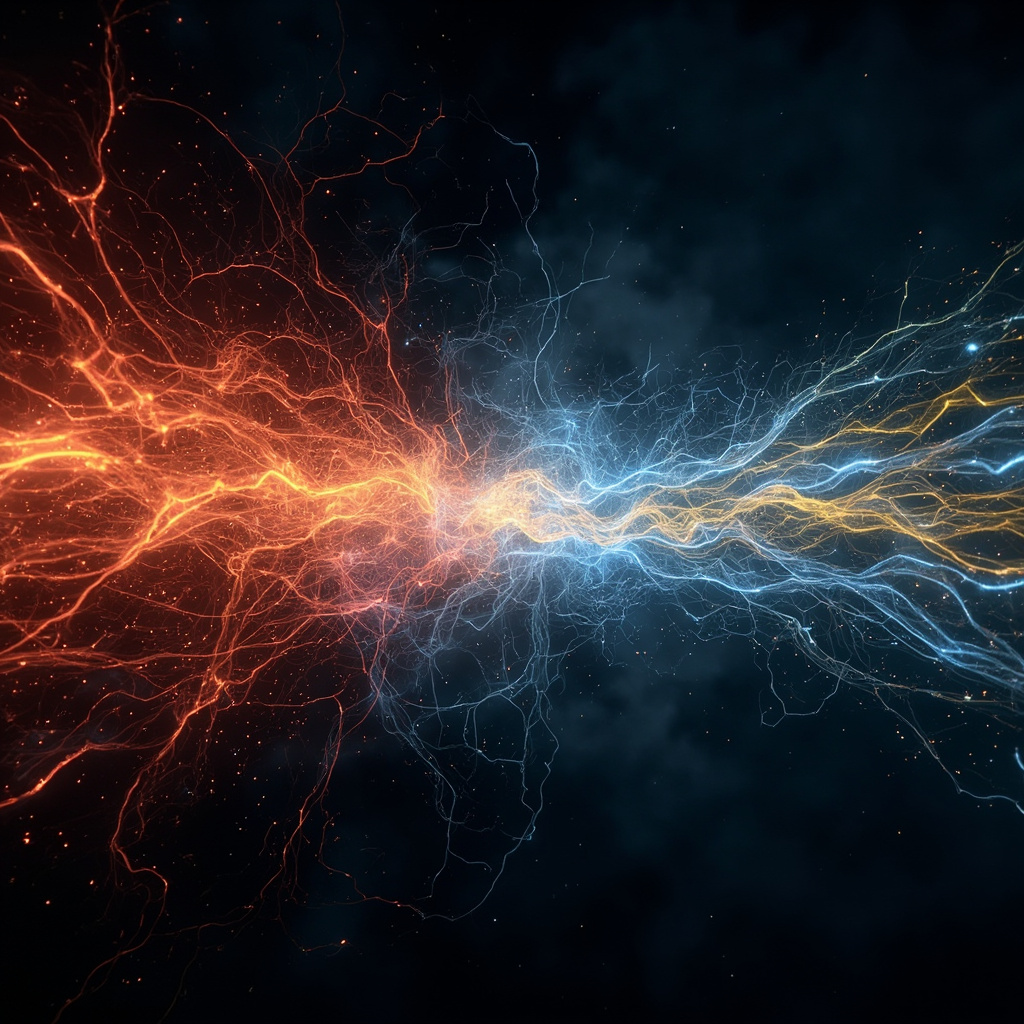 A serene, abstract visualization of glowing, interconnected neural pathways transitioning from chaotic red to harmonious blue and gold, representing the shift into a meditative state.