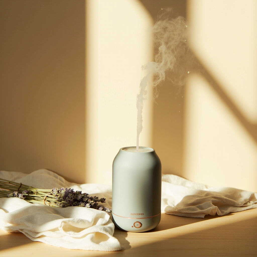 A serene, minimalist image of a steaming diffuser in a sunlit room, with soft, natural textures like linen and dried lavender nearby, evoking a sense of clarity, breath, and peaceful, modern wellness.