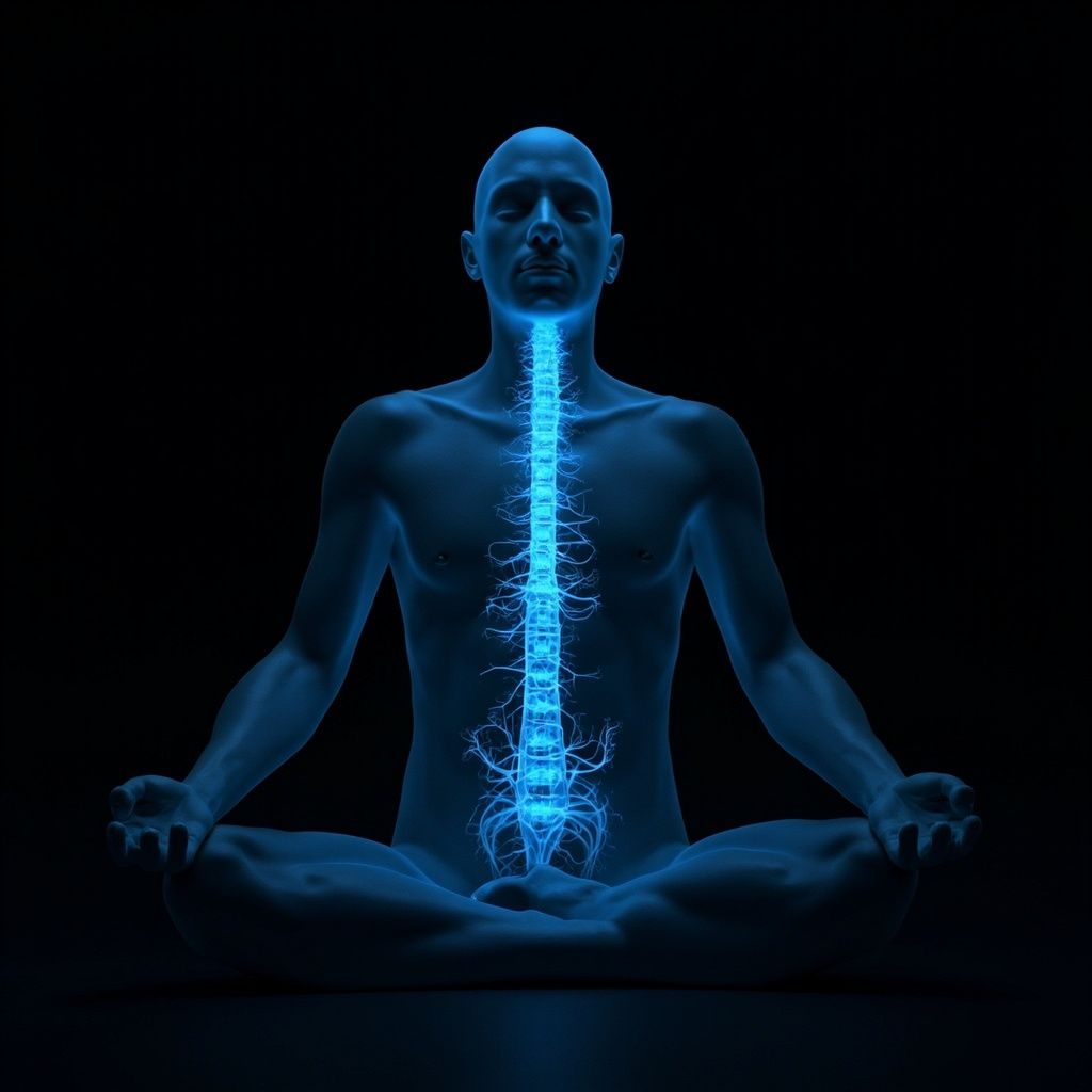 A serene, cinematic image of a human silhouette in a meditative pose, with a soft, glowing blue network of nerves and energy flowing from the brainstem down to the sacral area, symbolizing the parasympathetic nervous system activating in a dark, peaceful void.