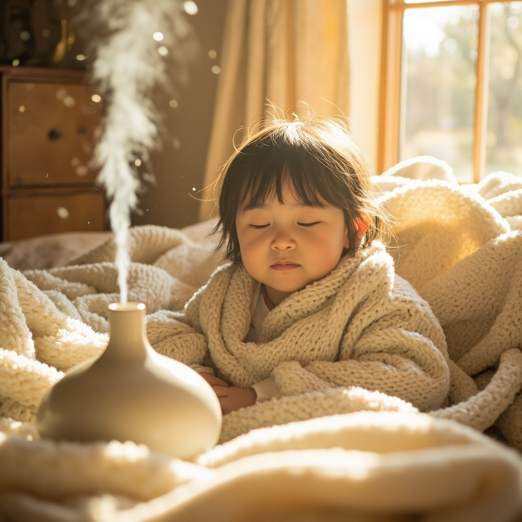 A soft-focus, warm-toned image of a child sitting peacefully in a sunlit room, surrounded by gentle, natural elements like soft blankets and a small diffuser emitting a subtle, wispy mist, conveying a sense of safety and calm.