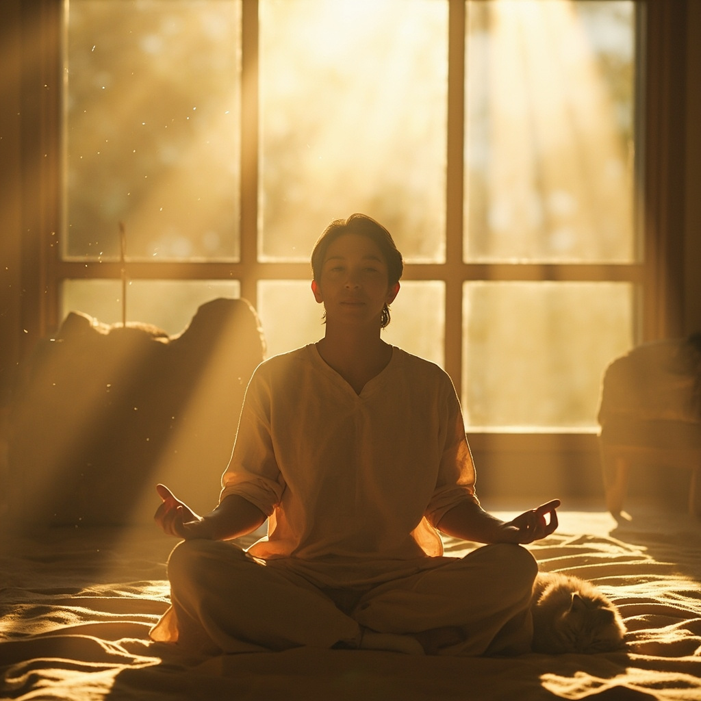 A person breathing deeply and calmly in a bright, sunlit living room with a gentle, soft-focus cat resting nearby, cinematic lighting, professional photography style.