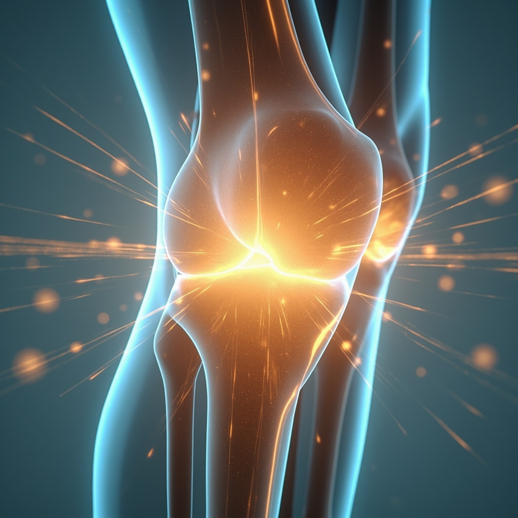 A high-quality, professional image showing a glowing, healthy human knee joint structure with soft, ethereal light pulses radiating from it, symbolizing energy and harmony, clean background.