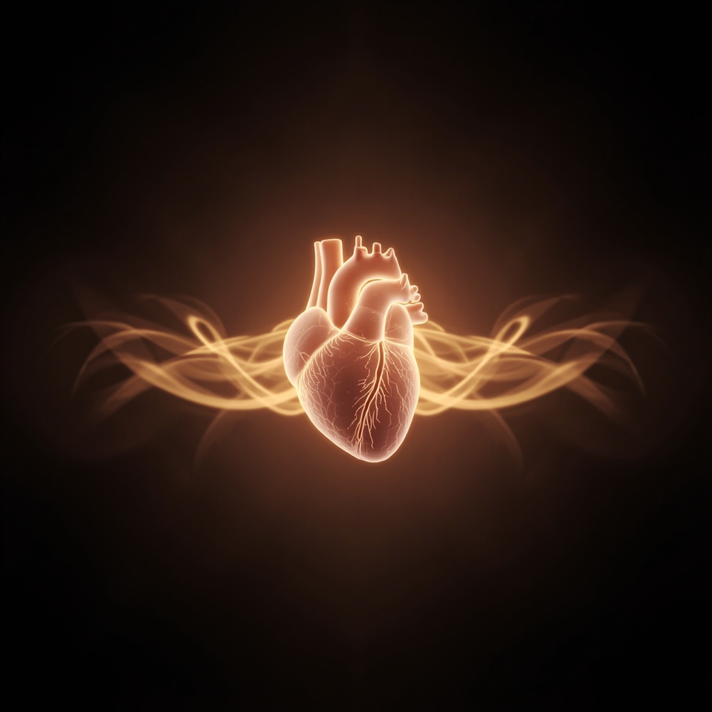 A soft, artistic depiction of a human heart glowing with gentle, rhythmic light waves, symbolizing energy and balance, professional and calming style.