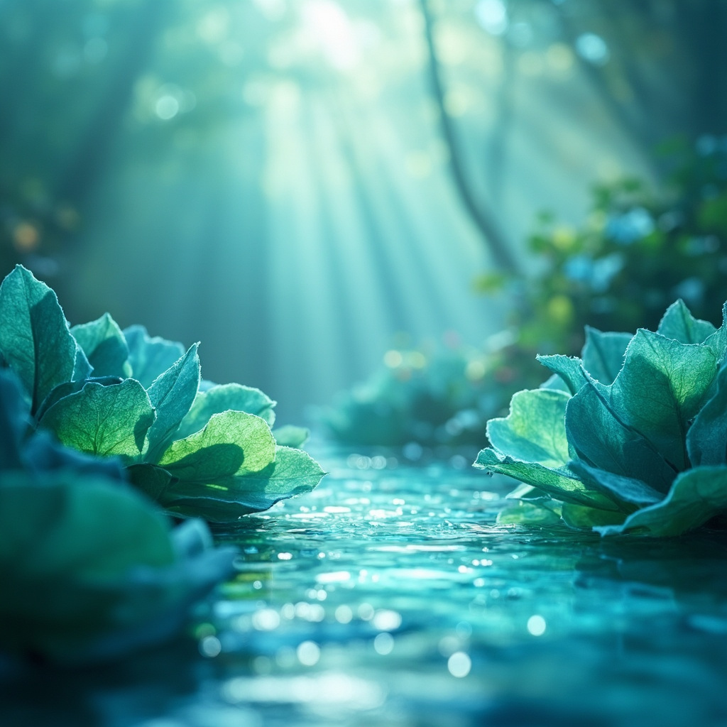 A soft-focus, serene image of a throat chakra-inspired landscape with gentle, glowing light and natural elements like flowing water and soft, protective leaves to represent the mucosae.