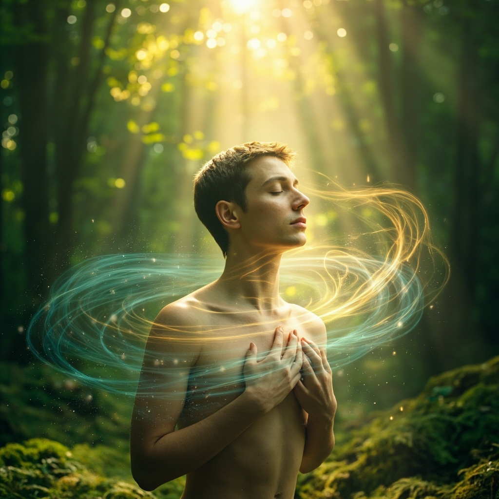A serene, artistic image of a person taking a deep, mindful breath in a sunlit, natural forest setting, with soft, ethereal light swirling around the throat and chest area to represent energy and flow.