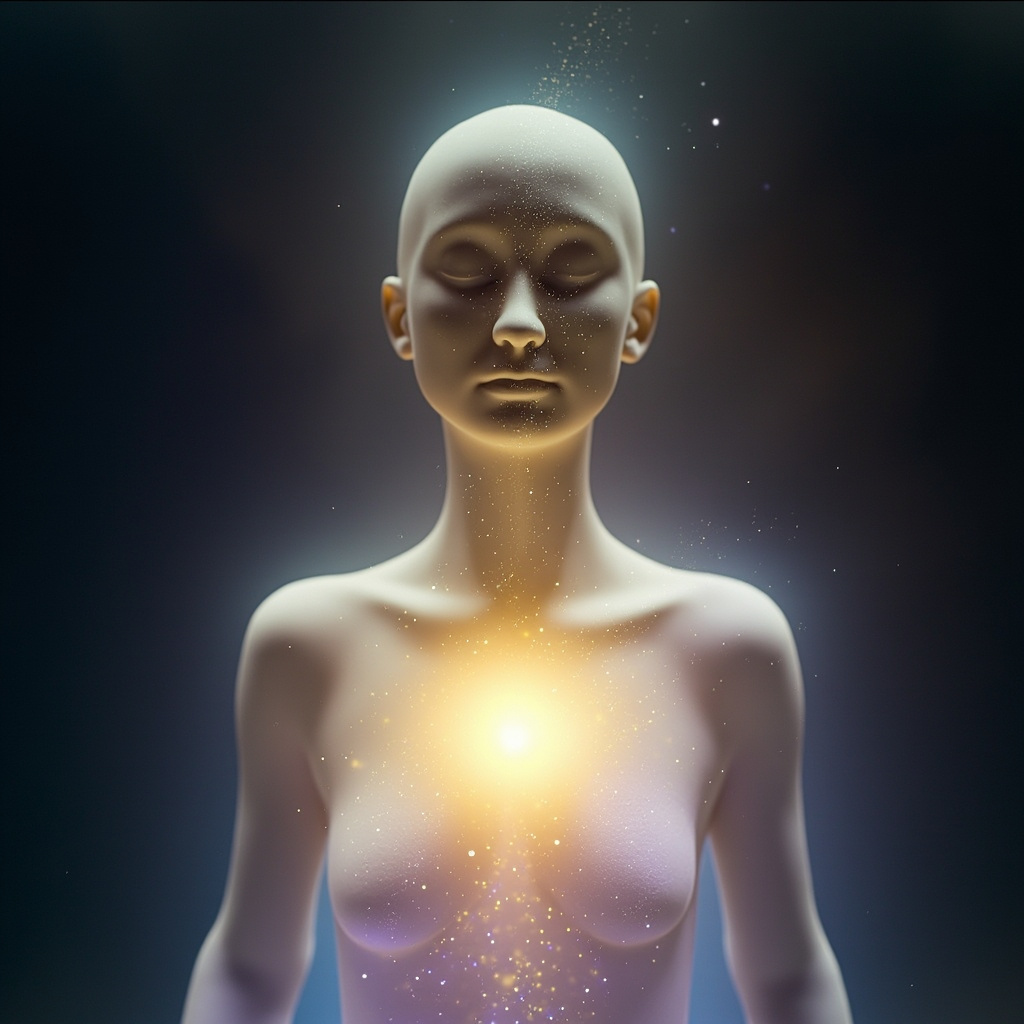 A serene, abstract representation of light and energy flowing through the human body, focusing on the chest area with soft, calming colors like lavender, gold, and white.