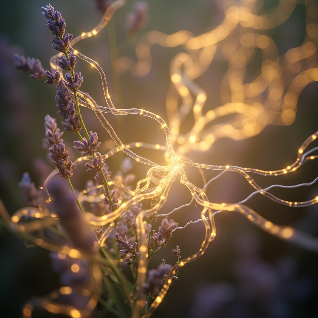 A serene, abstract representation of a glowing, balanced nervous system flowing alongside calming botanical elements like lavender sprigs and soft, warm light.