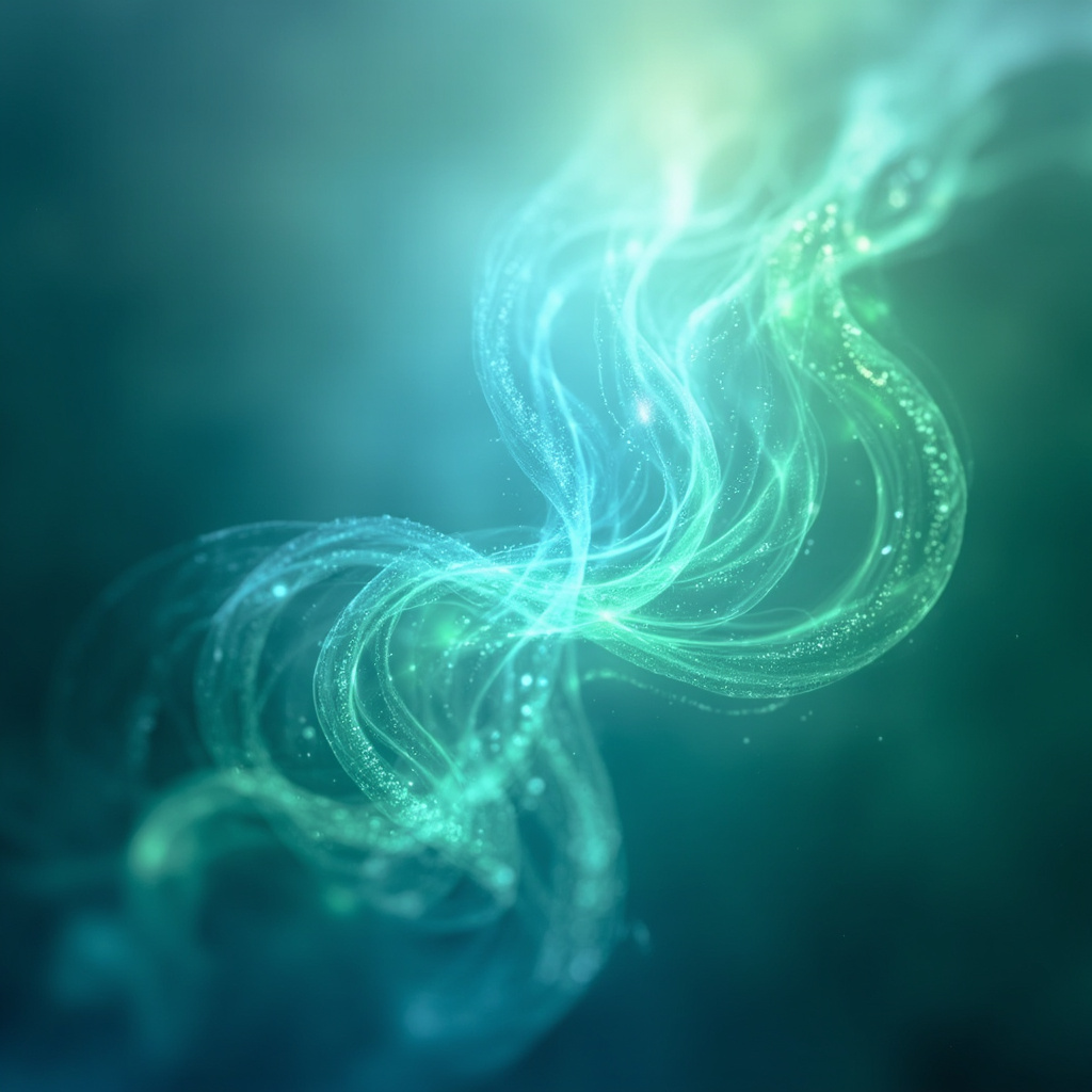 A serene, artistic representation of light energy flowing through the chest area, soft blue and green hues, high quality, calming atmosphere.